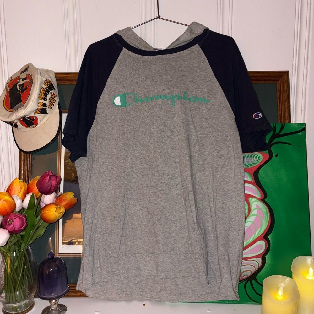 Champion - Baseball T-shirt with Hood - Gray & Blue - XtraLarge